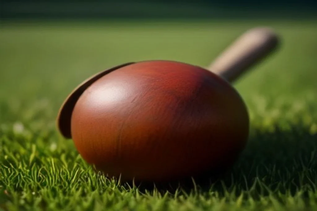 Cricket bat and ball on a pitch