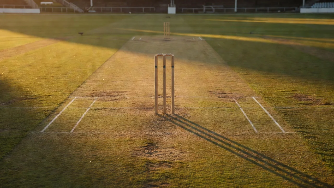 Cricket pitch at dusk showing dew on the grass with players in the background